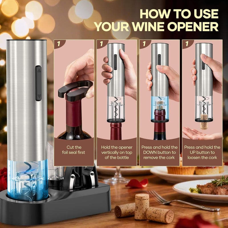 Assark Electric Wine Opener,Automatic Wine Bottle Opener Rechargeable Cordless Electric Corkscrew Wine Opener Gift Set with Wine Stopper, Foil Cutter, Wine Aerator,Storage Base & Charging Cable - Image 4